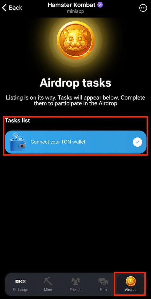 Airdrop section of Hamster Kombat